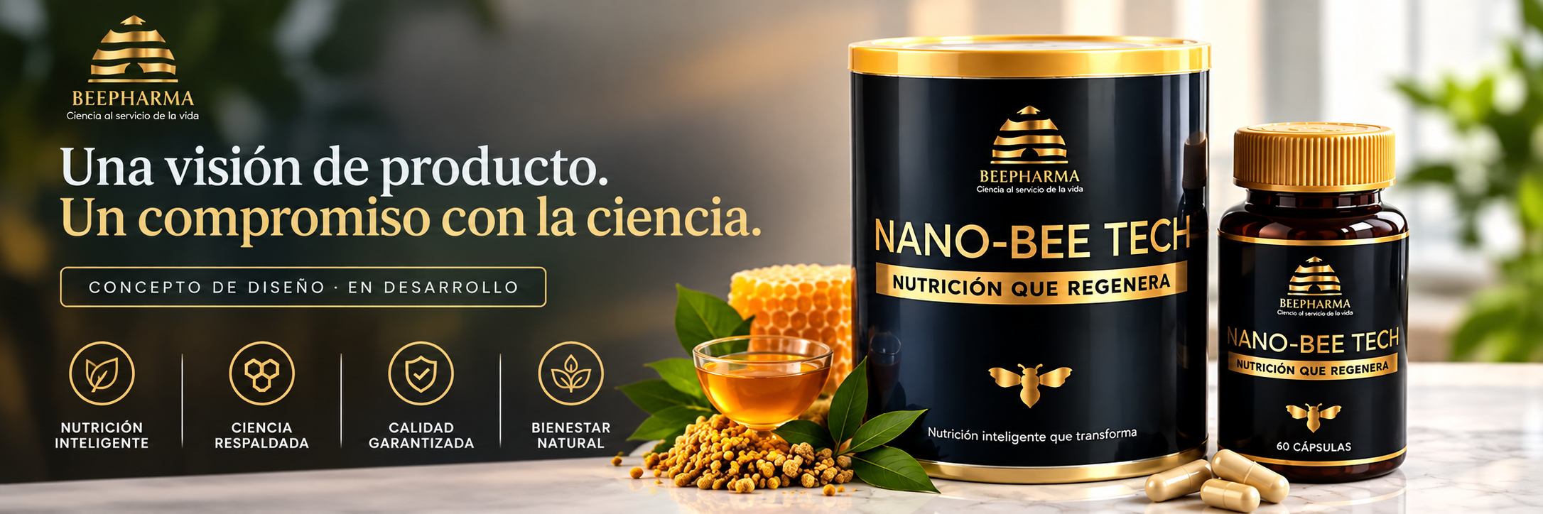 Conceptos de envases azul marino y dorado para Nano-Bee Tech